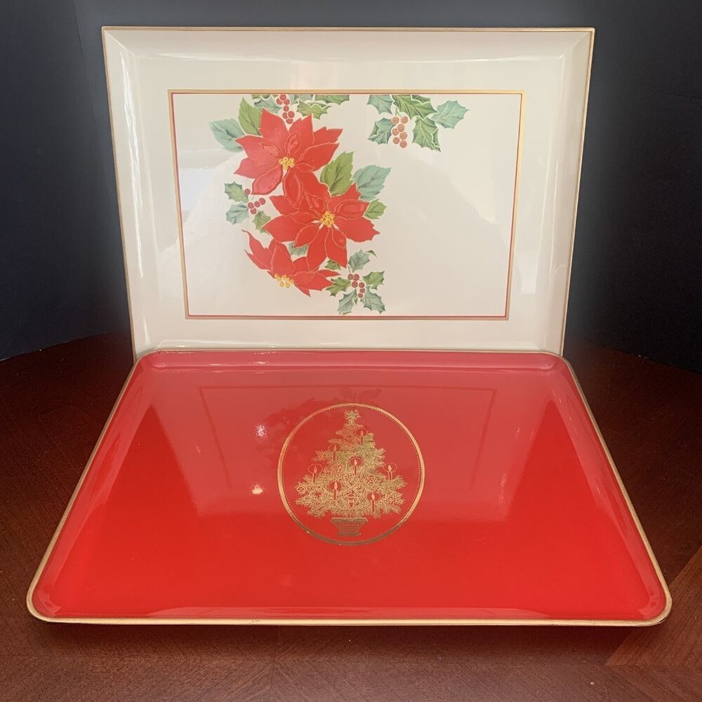 Otagiri Lacquerware Christmas Trays Set of 2 Japan Gold Trim MCM 14” X 10”